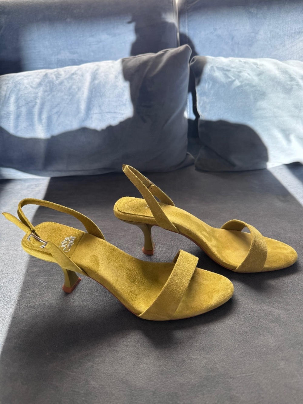 Chartreuse suede Jeffrey Campbell Augustine slingback sandals